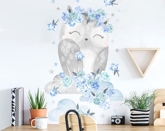 Big animal decor blue OWL for kids room, nursery decor, kids wall art, animal wallpaper, children wall decals