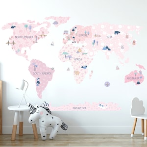 WELTKARTE Wandtattoos für Kinder / Kinderzimmer Deko / Kinderzimmer Wandtattoo / Weltkarte Wandbild / Wanddeko / Kinderzimmer Tapete / Blumen