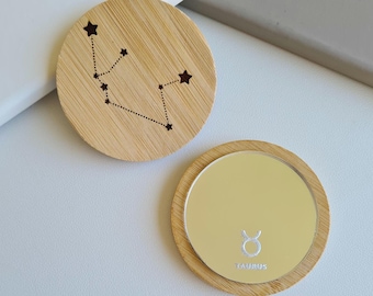 Espejo de bolsillo con constelación, espejo compacto con signo zodiacal, horóscopo grabado, regalo con el mes de nacimiento, símbolo del signo astrológico, espejo de maquillaje