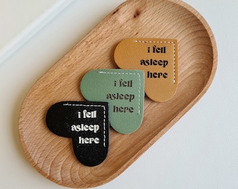 Corner Bookmark 'I Fell Asleep Here' Heart Leather Page Holder Reading Gift Book Accessory Engraved Modern Style Vegan