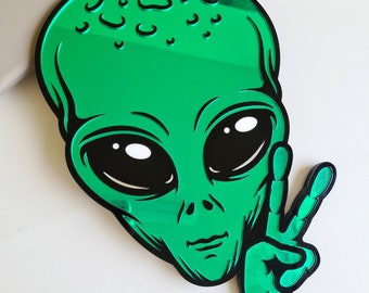 Alien Spiegel Wand Kunst Alien Peace Zeichen Wand Dekor Einzigartig Wohn Dekor UFO Funky Einzigartig schrullig Innendesign Sci-Fi Weltraum Außerirdische