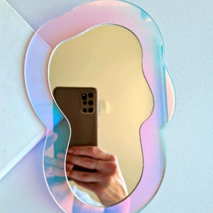 Wavy Holographic Mirror Iridescent Wall Decor, Funky Blob Mirror, Dopamine Decor, Y2K Room Aesthetic, Futuristic Rainbow Sun Catcher Art