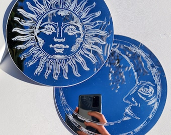 Espejo de sol y luna Decoración de pared Celestial Boho Decoración de habitación de bruja Adhesivo de pared Decoración astrológica Decoración espiritual Regalo de dormitorio Accesorio Luna creciente