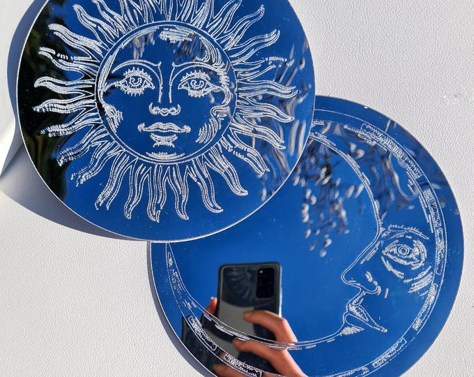 Sun Moon Mirror Wall Decor Celestial Boho Witchy Room Decor Wall Sticker Astrology Decor Spiritual Bedroom Gift Accessory Crescent Moon