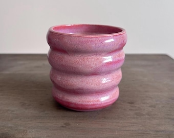 handmade pink ceramic cup | ribbed pottery vessel