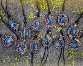 Clay and Crystal Pendant, Crystal Necklace, Unique Gifts for Women, Hippie Necklace, Crystal Healing Necklace, Flashy Labradorite Pendant