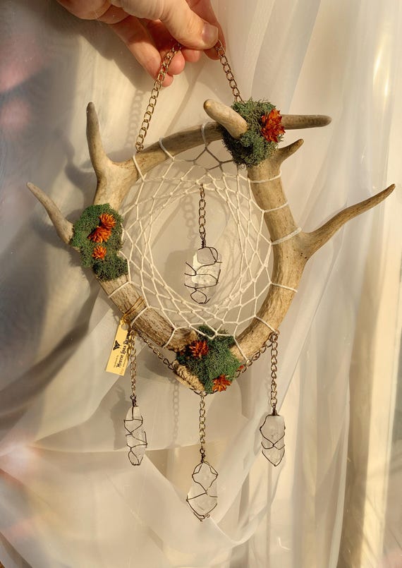 Real deer antler woven into a dreamcatcher with quartz crystals — the kind of dark-boho wall piece that stops guests mid-sentence.
