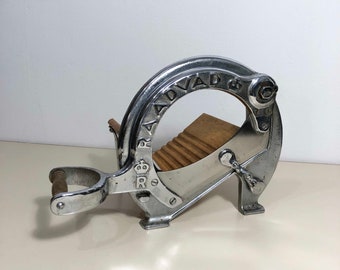 old, Danish bread slicer 'Bradvaad' in stainless steel look