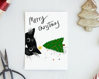 Naughty Christmas Tree Cat | Funny Christmas Cat Cards | Printable | Instant Download | Animal Lover Gifts