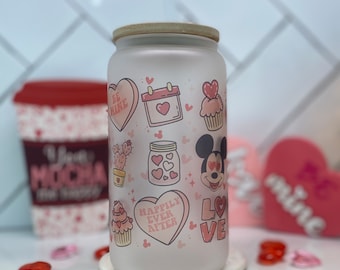 Disneys LOVE Valentines Day Glass Can Cup with lid and straw