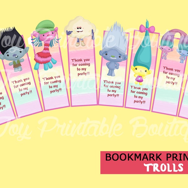 Printable bookmark (Thank you for coming) for party "TROLLS" (Instant download)  Digital Items are Non-refundable