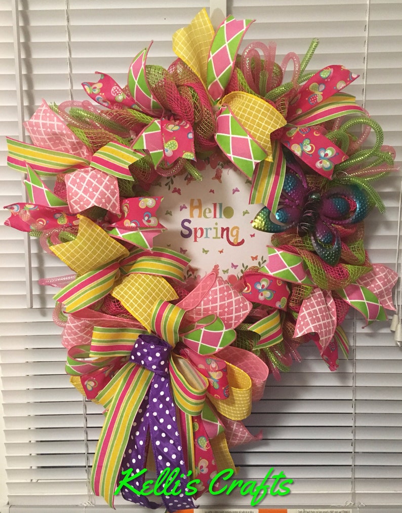 Spring Door Decor Butterfly Wreath Hello Spring Wreath Colorful Wreath Mother\u2019s Day gift Wreath for Spring Ready to ship
