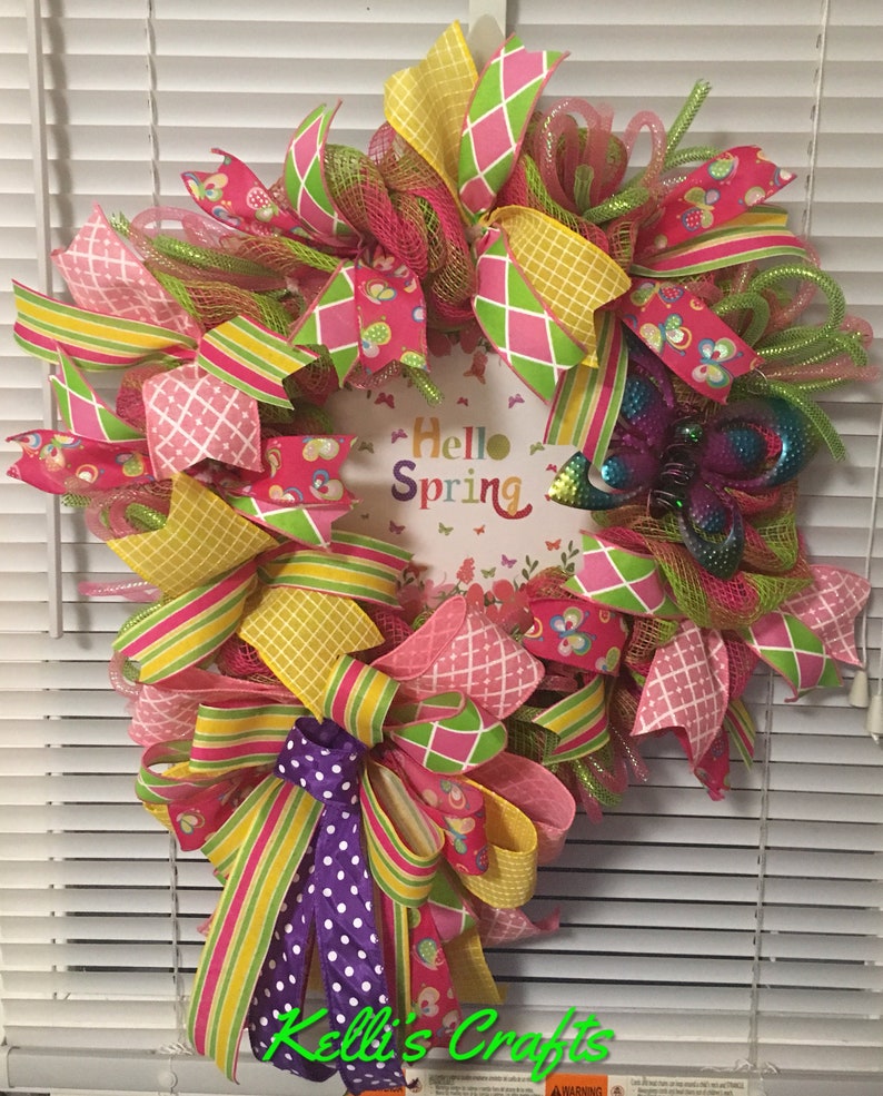 Spring Door Decor Butterfly Wreath Hello Spring Wreath Colorful Wreath Mother\u2019s Day gift Wreath for Spring Ready to ship