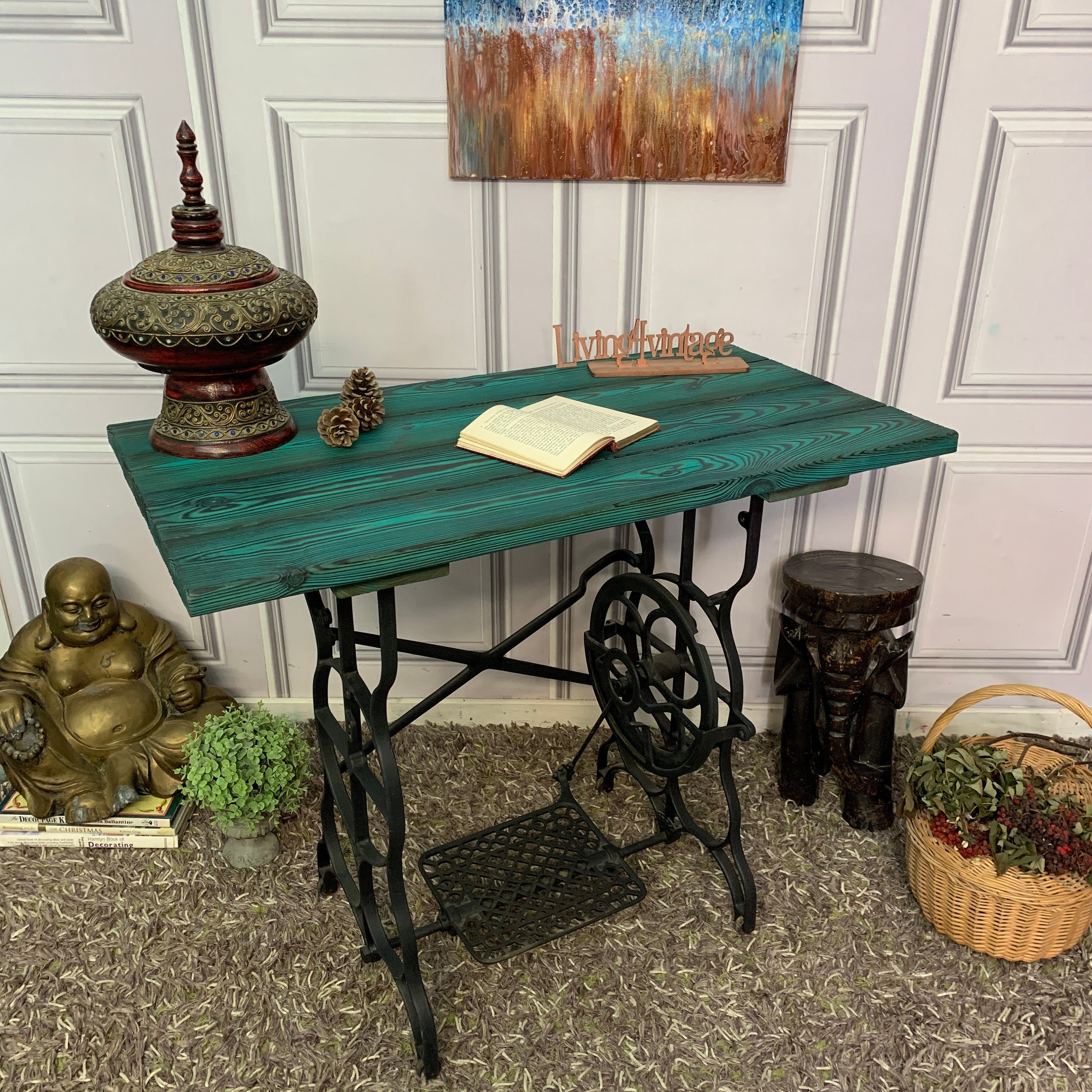 Sewing Machine Console Yakisugi Charred Wood Sewing Machine Table: Turquoise Console Desk - Etsy