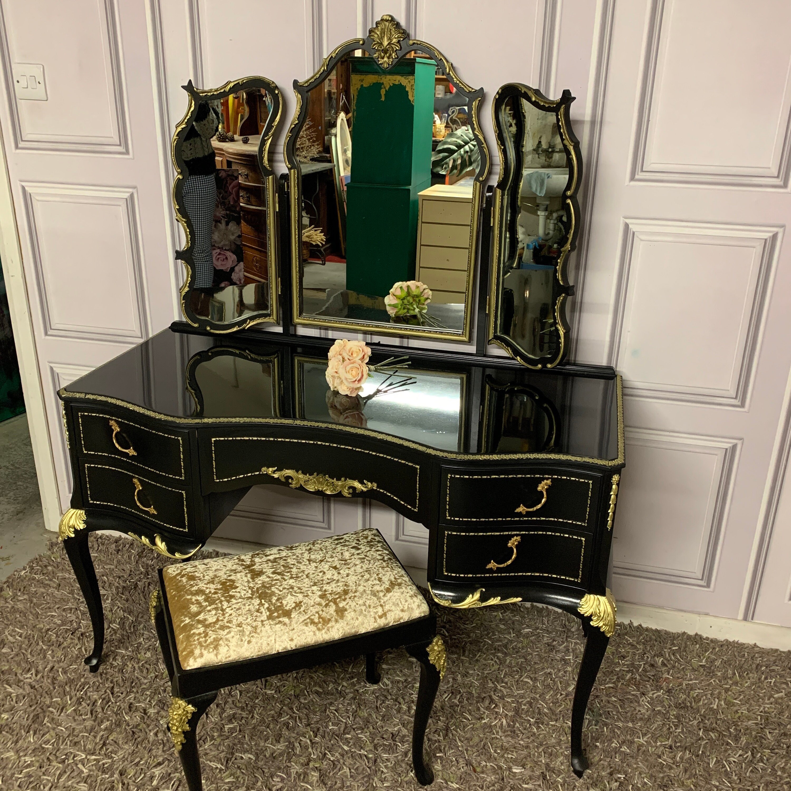 Gothic Style Dressing Table Black Gold High Gloss Black Piano Finish Olympus Dressing Table Etsy