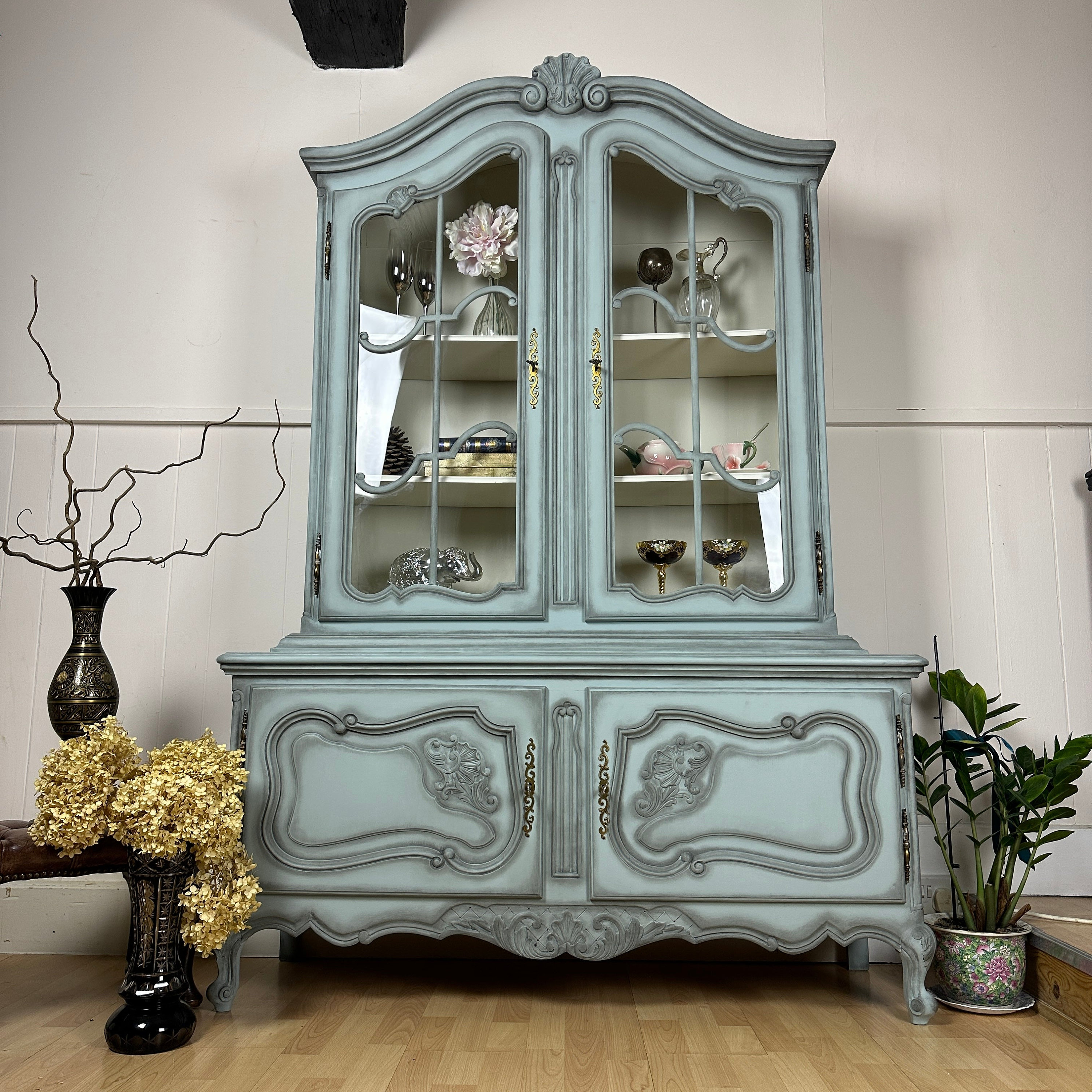 French Antique Display Cabinet Powder Blue Carved Ornate Cabinet