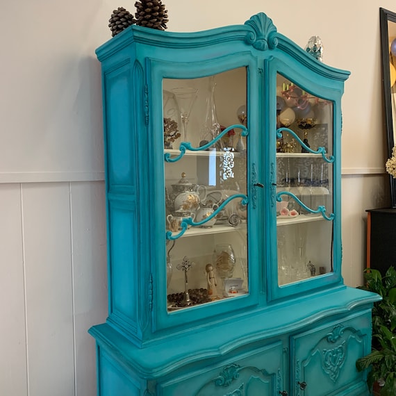 French Antique Display Cabinet Turquoise Colour Ornate Solid Oak