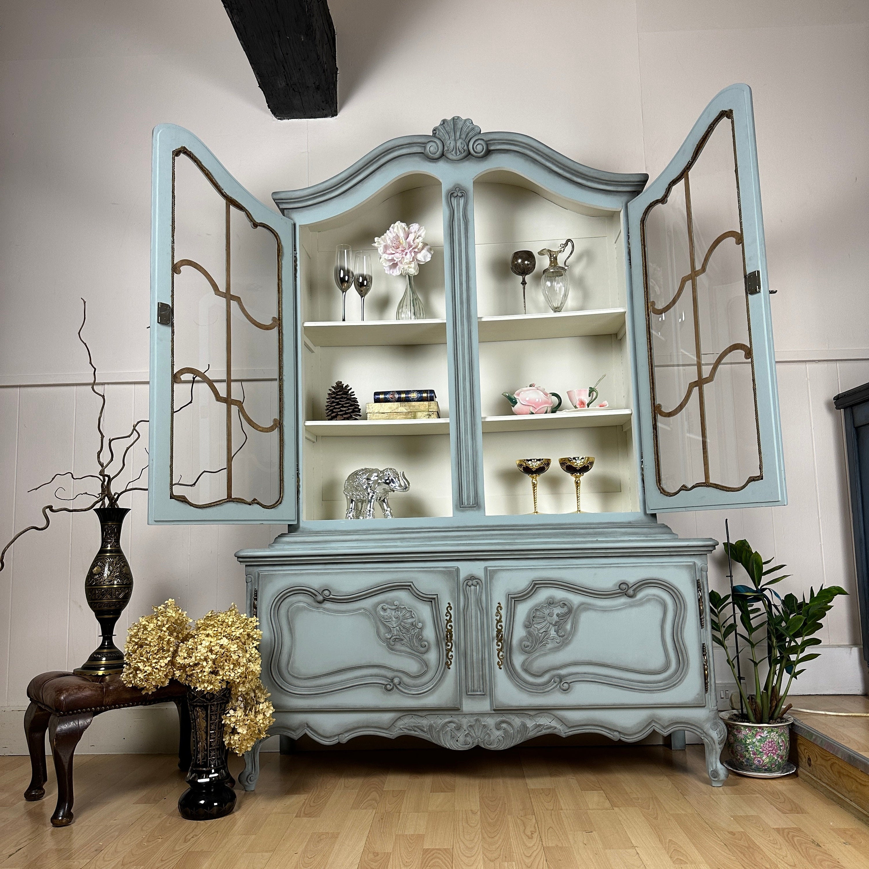 French Antique Display Cabinet Powder Blue Carved Ornate Cabinet