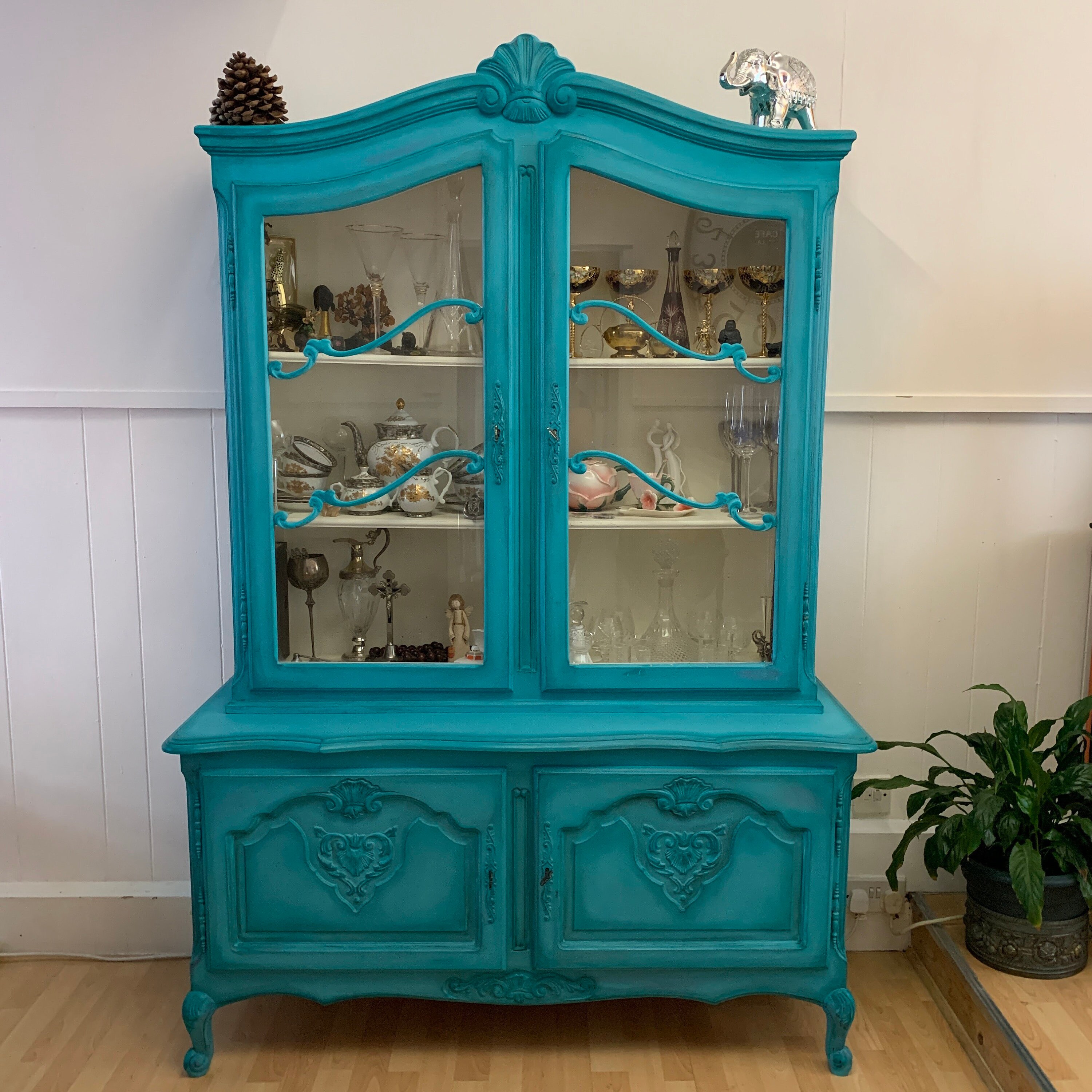 French Antique Display Cabinet Turquoise Colour Ornate Solid Oak