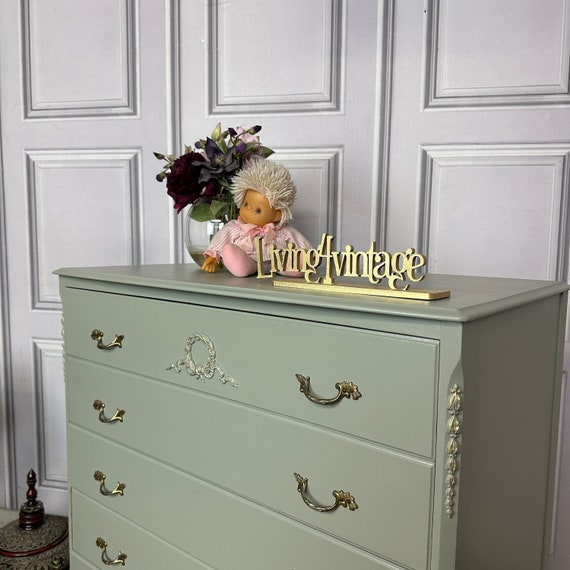 sea green dresser French Louis Style Sage Chest of Drawers: Ornate 5-drawer this dresser effortlessly balances