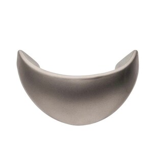 May include: A curved, brushed nickel cabinet pull handle. The handle has a smooth, matte finish and a crescent shape. This hardware is designed for use on drawers and cabinet doors.