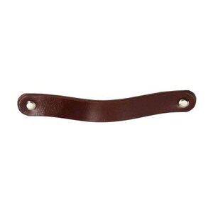 May include: A brown leather handle with silver metal rivets. The handle is curved and has a smooth surface.