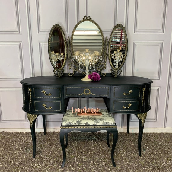 Painted Dressing Table Black Gold Dressing Table Commissions Welcome Kidney Shape Dressing Table Etsy