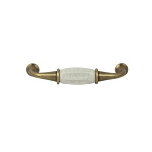 May include: A cabinet pull featuring a white, crackled ceramic centre and antique brass-coloured ends. The hardware has a curved handle and a decorative, vintage aesthetic. Suitable for kitchen or bathroom cabinetry.