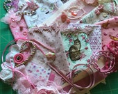 Pink inspiration grab bag for slow stitch, collage and fabric journals, cotton fabrics, vintage laces and trims, ribbon, buttons and beads