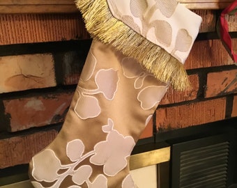 Gold and cream Christmas stocking, holiday stocking, handmade stocking