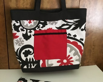 Stylish market and all around tote bag 18 x 15 inches in red, black and white with inside and outside pockets, sturdy home dec fabric