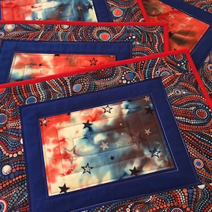 Handmade Quilted Placemats: Patriotic Red White Blue, Reversible Set of 4