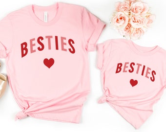 Besties Love Hearts Mum & Kid Matching Light Pink T-Shirts