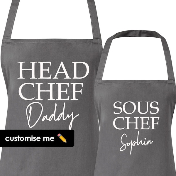 Personalised Daddy & Sous Chef Matching Charcoal Aprons