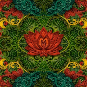 May include: A symmetrical design featuring a red lotus flower with intricate details surrounded by green and gold swirling patterns.