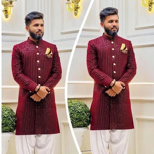 Golden and red sherwani for groom outlet