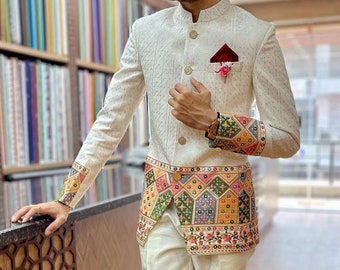 Traje Jodhpuri de marfil de diseñador para hombre hecho a medida, chaqueta Formal Indo para hombre, traje clásico de boda india, traje bandhgala para hombre