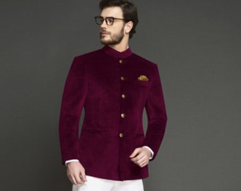 Handcrafted Wine Velvet Jodhpuri Suit: Indian Wedding Bandhgala