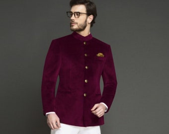 Traje Jodhpuri de vino de terciopelo para hombre, traje rojo Bandhgala Jodhpuri para boda, traje étnico indio, traje de cuello mandarín, chaqueta Jodhpuri