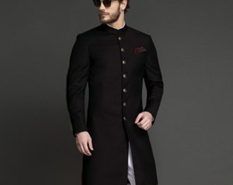 Custom Wool Sherwani: Black Indowestern Wedding Suit
