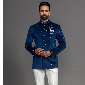 Handbroderad ull Jodhpuri kostym: Indian Wedding Bandhgala Jacket