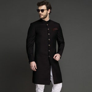 Custom made men wool wedding shewani , Black indowestern sherwani , Indian wedding suit , Men groom sherwani , royal sherwani