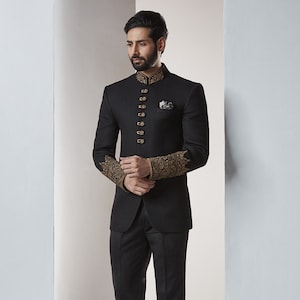 custom made men black embroidery jodhpuri sherwani suit , men indo jodhpuri jacket , men indian wedding classical suit ,  men bandhgala ,