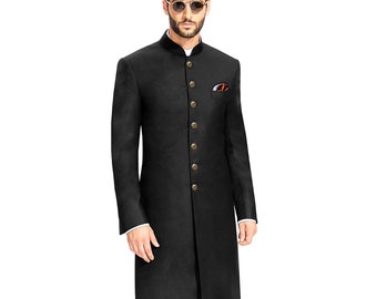 Custom Wool Sherwani: Royal Black Achkan, Indian Wedding Groom Suit