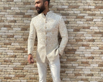 Último traje Jodhpuri crema de diseñador para hombres, traje Lukhnowi Bandhgala para boda, traje de cuello mandarín para padrinos de boda indios,