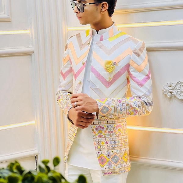 Chikankari Silk Off White Jodhpuri Suit: Embroidered Bandhgala, Indian Groomsmen Wedding Wear
