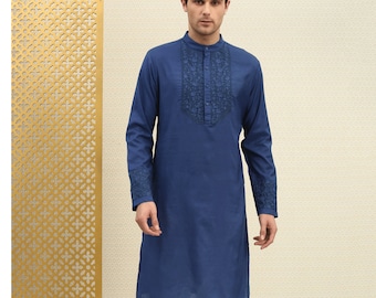男性用インド民族衣装 - 男性用ブルーの純綿刺繍入りクルタとパジャマ