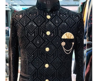 Abito Jodhpuri in lana nera personalizzato: Bandhgala ricamato a mano da uomo, abito da sposa indiano