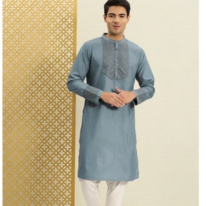 Eid hombres hechos a medida bordado kurta pijama set, 100% algodón azul kurta para hombres, ropa tradicional masculina, camisa india para hombres