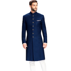 Custom made men wool wedding shewani ,   Royal achkan , Blue indowestern sherwani , Indian wedding suit , Men groom sherwani , Indian wear